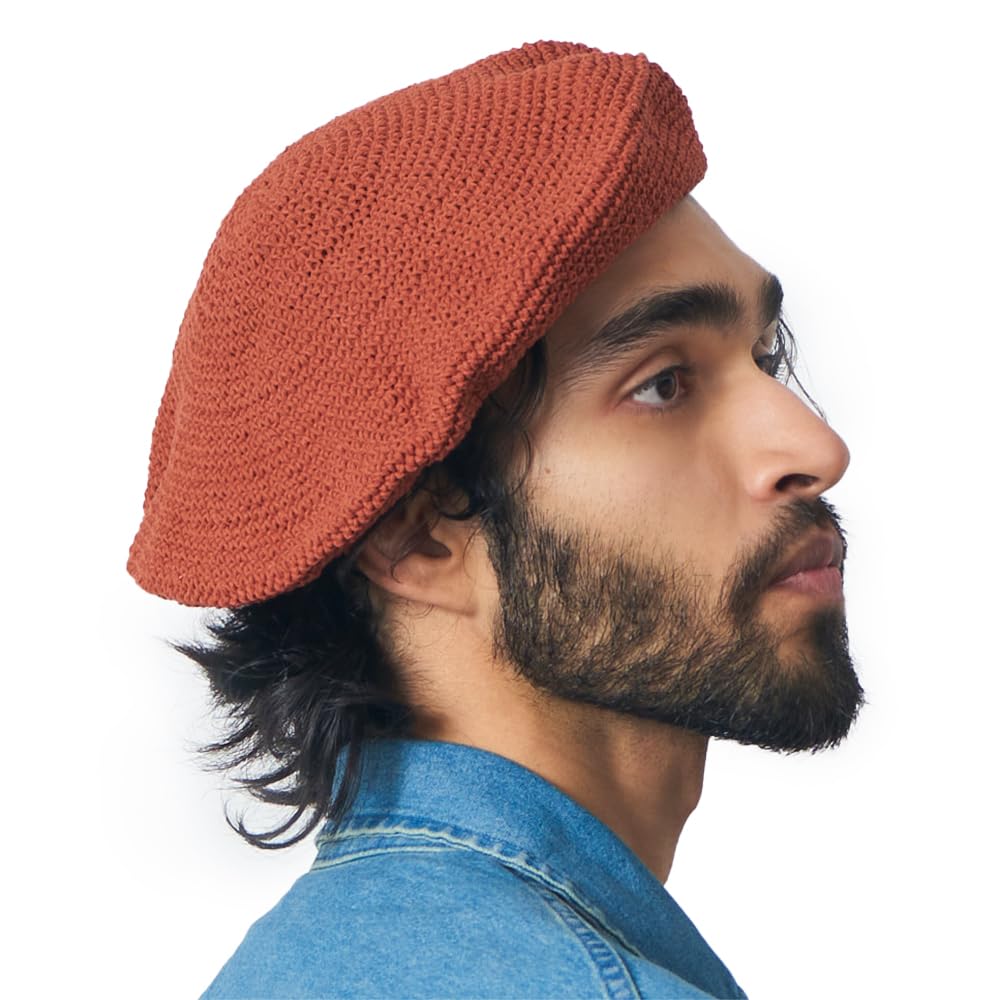 CHARM Knit Beanie Hats for Women & Men's Berets, 100% Cotton Crochet Cap Handmade French Beret for Summer & Winter, Dark Orange