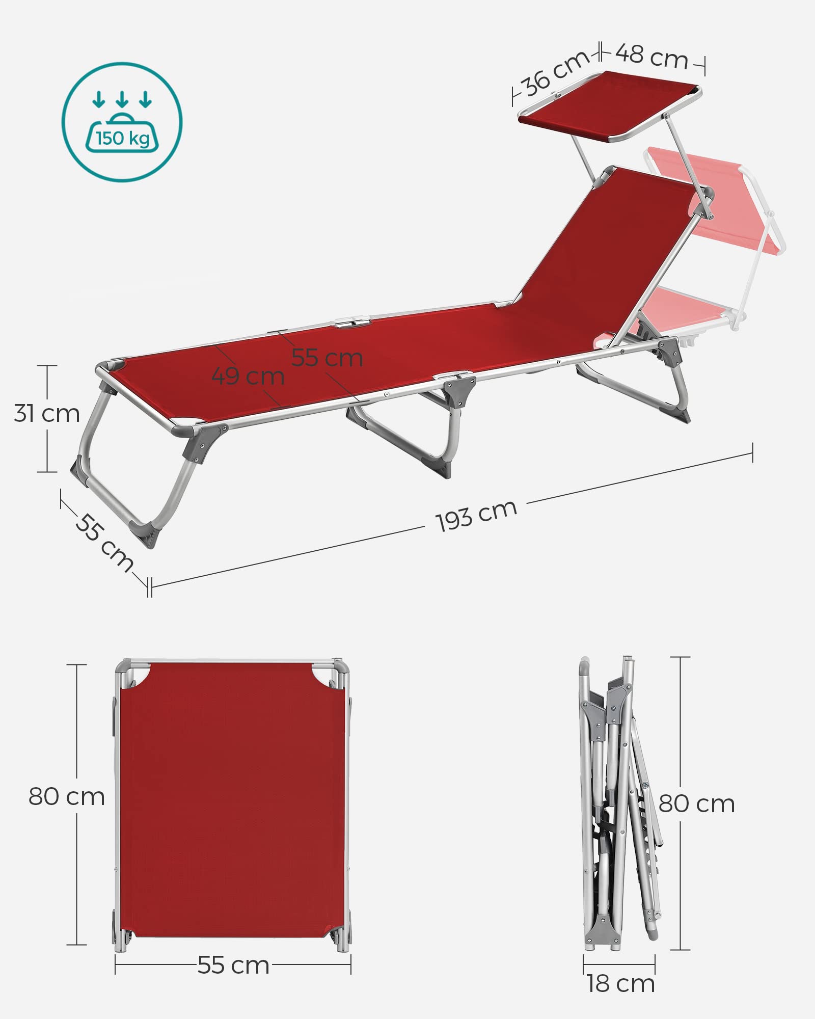SONGMICS Lettino Prendisole, Sedia a Sdraio Pieghevole in Alluminio, con Parasole e Schienale Reclinabile, 193 x 55 x 31 cm, Max Portata 150 kg, per Terrazzo Piscina Giardino, Rosso GCB19RD