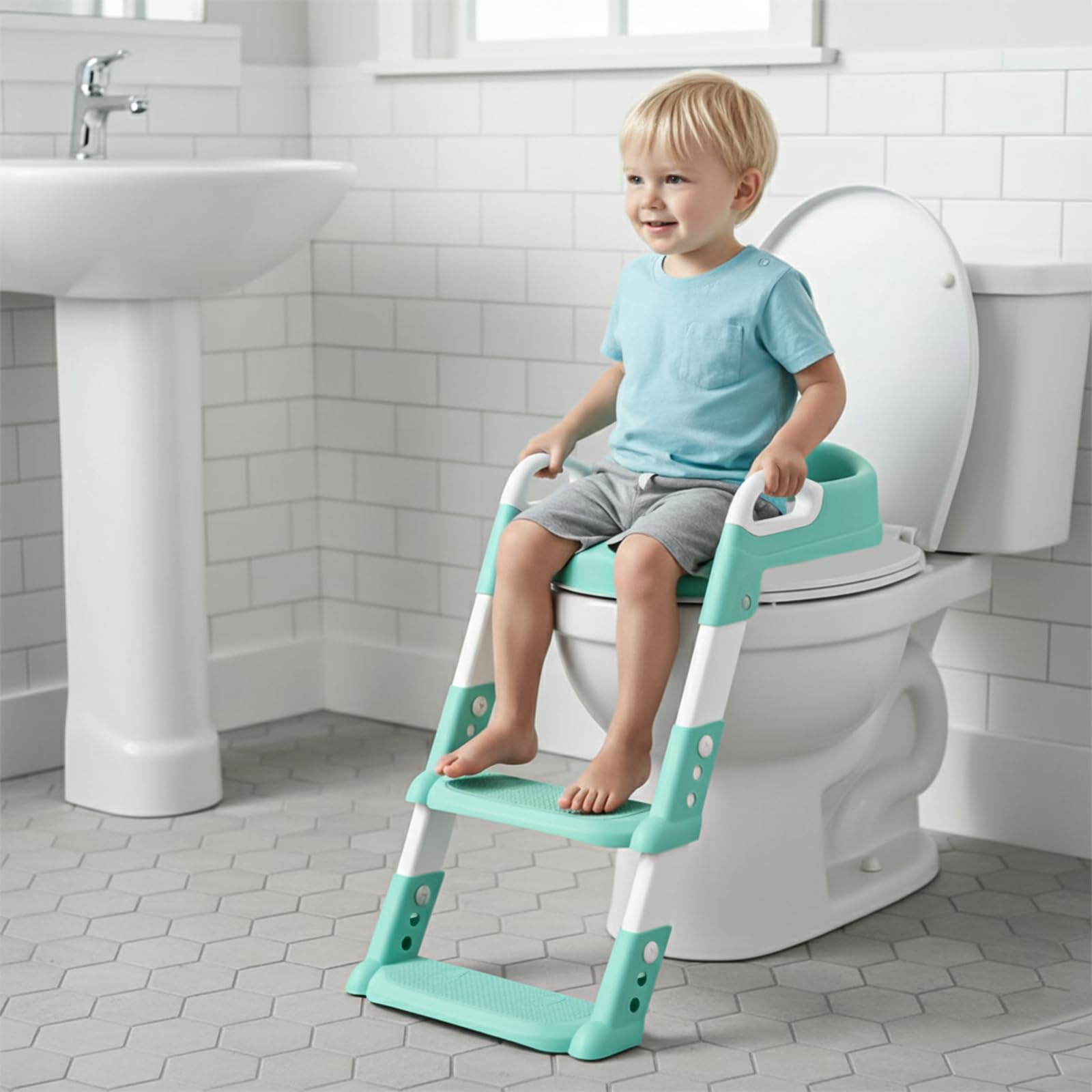 Crystals Portable Toddler Potty Training Seat with Step-Foldable Child Toilet Seat for Boys & Girls, Comfortable Potty with Ladder, Anti-Slip Design for Kids Toilet Training, Easy Step-Up (Sea Green)