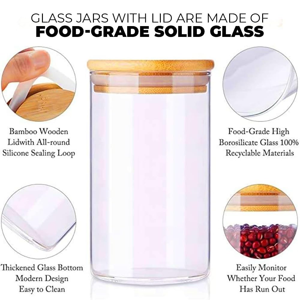 Home & Treat Lot de 6 bocaux de conservation en verre avec couvercles en bambou - 500 ml - 6 couvercles et étiquettes - Contenants alimentaires en verre borosilicate pour sucre, grains de café, noix,