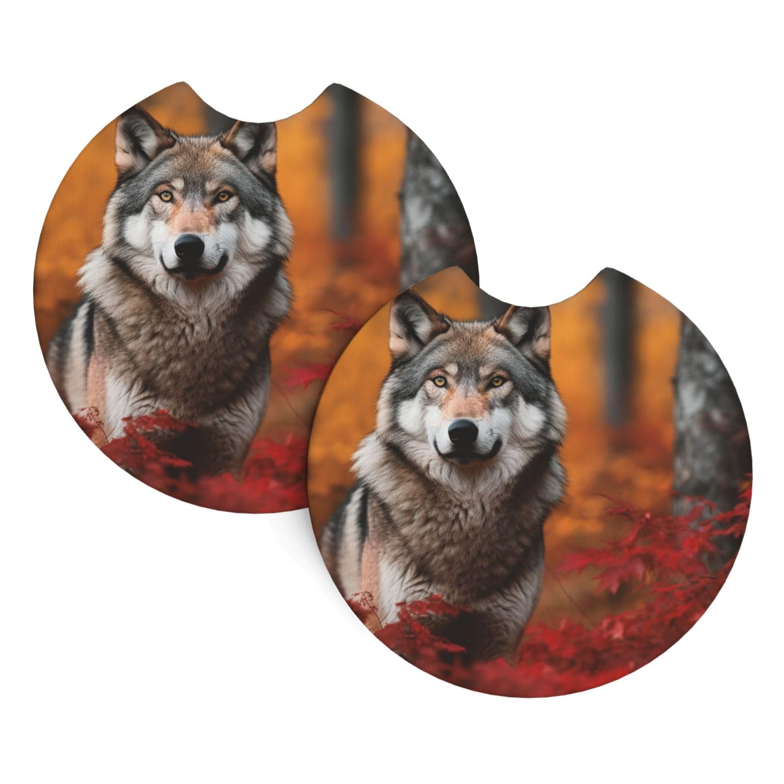 2PCS Car Coaster for Cup Holders Universal Auto Cup Mat Autumn Animals Wolf Cup Coaster Pad 2.7" Waterproof Neoprene Non-Slip Cup Holder Coasters Car Interior Accessories for Women Men