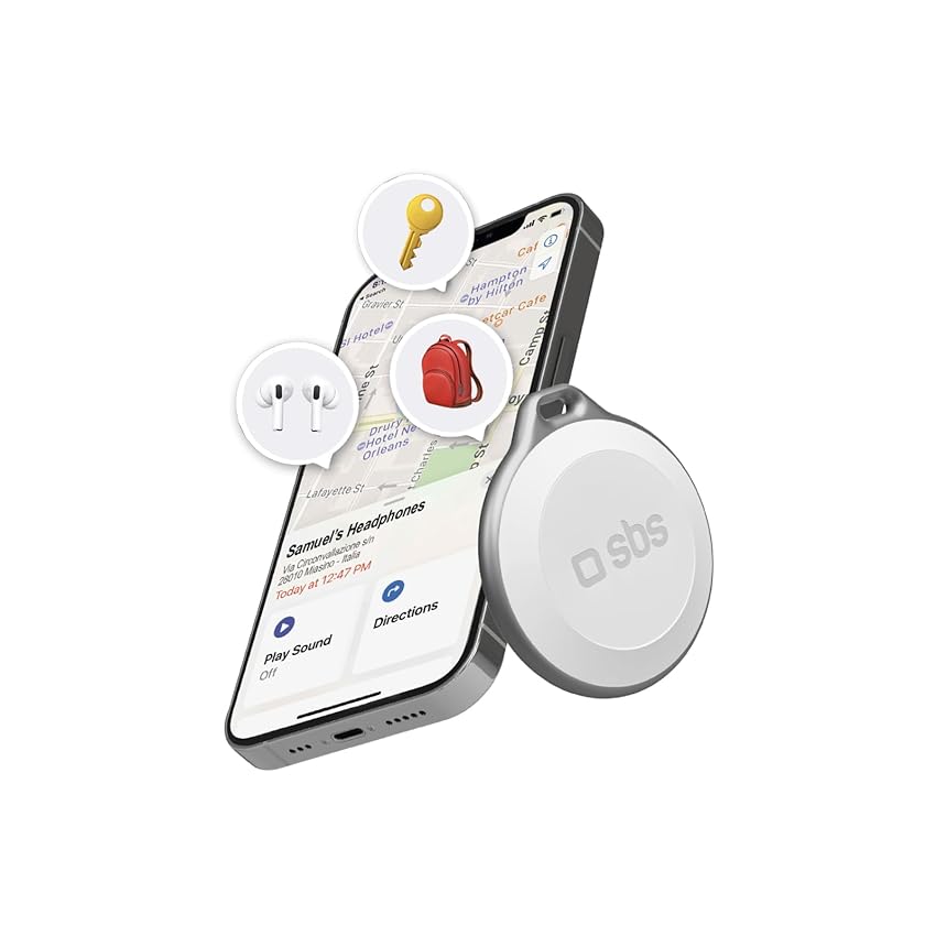 SBS Track My Circle - Localizzatore Chiavi e Oggetti Compatibile con Apple Dov’È, Suono Allarme 100 dB, Pronto all'Uso con Batteria CR2032 Inclusa, Impermeabile IP65, con Foro Portachiavi, Bianco
