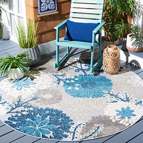 SAFAVIEH Cabana Collection 4' Round Grey/Navy CBN832F Floral Indoor/ Outdoor Non-Shedding Easy Cleaning Patio Backyard Deck Porch Mudroom Area Rug -  CBN832F-4R