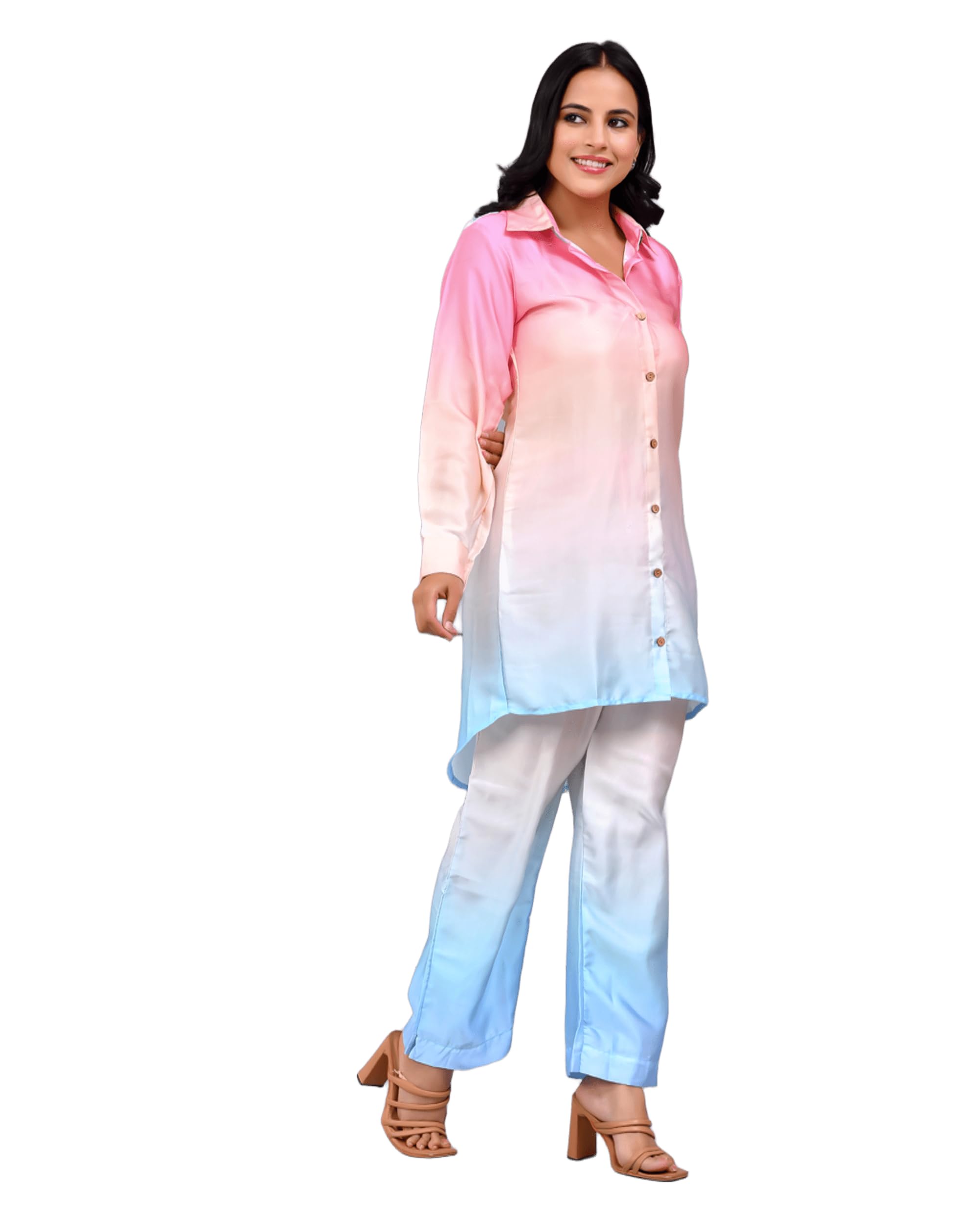 Women Satin Ombre Printed Co-ord Set with Shirt Style Top and Straight Pants | Stylish Two Piece Outfit for Women (Multicolour)-image-48