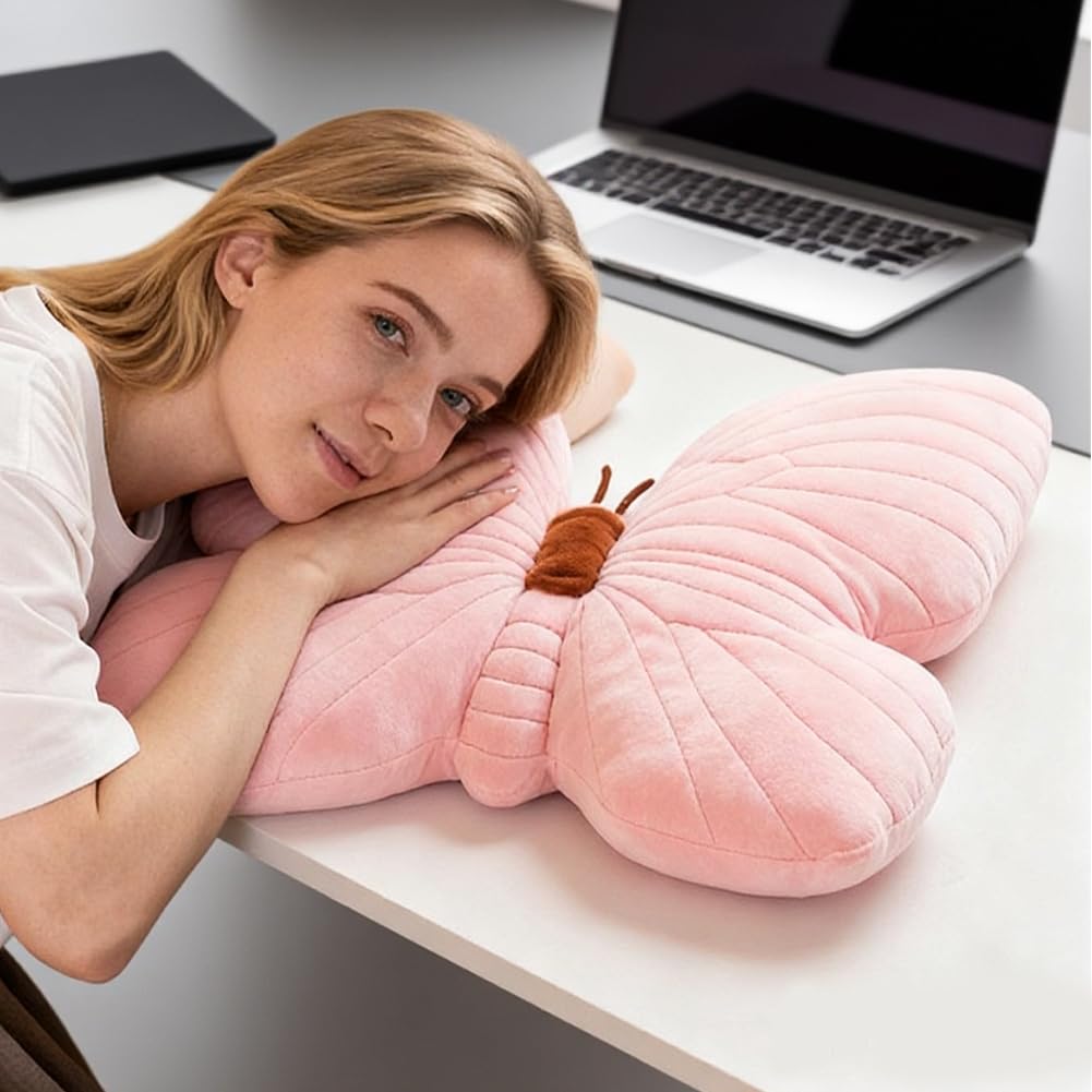 Coussin Papillon Tout Doux - Peluche Déco 40 Cm Pour Canapé Ou Chambre - Cadeau Fête Des Mères - Rose