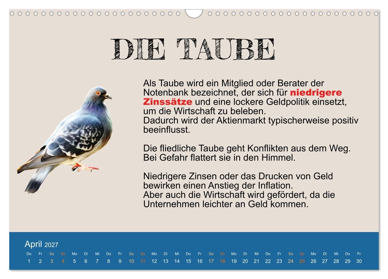 CALVENDO - Tiere in der Finanzwelt 2027 (Wandkalender 2027 DIN A3 quer), Monatskalender: Von Bullen, Bären, Falken und Tauben.