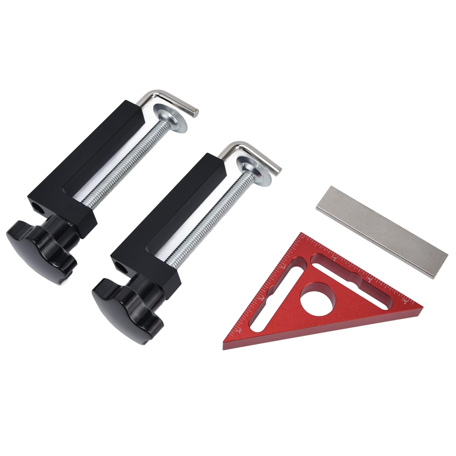 Righello angolare di posizionamento a 90 gradi, set di morsetti triangolari per la lavorazione del legno, realizzato in lega di alluminio con scale imperiali e metriche trasparenti, include righello