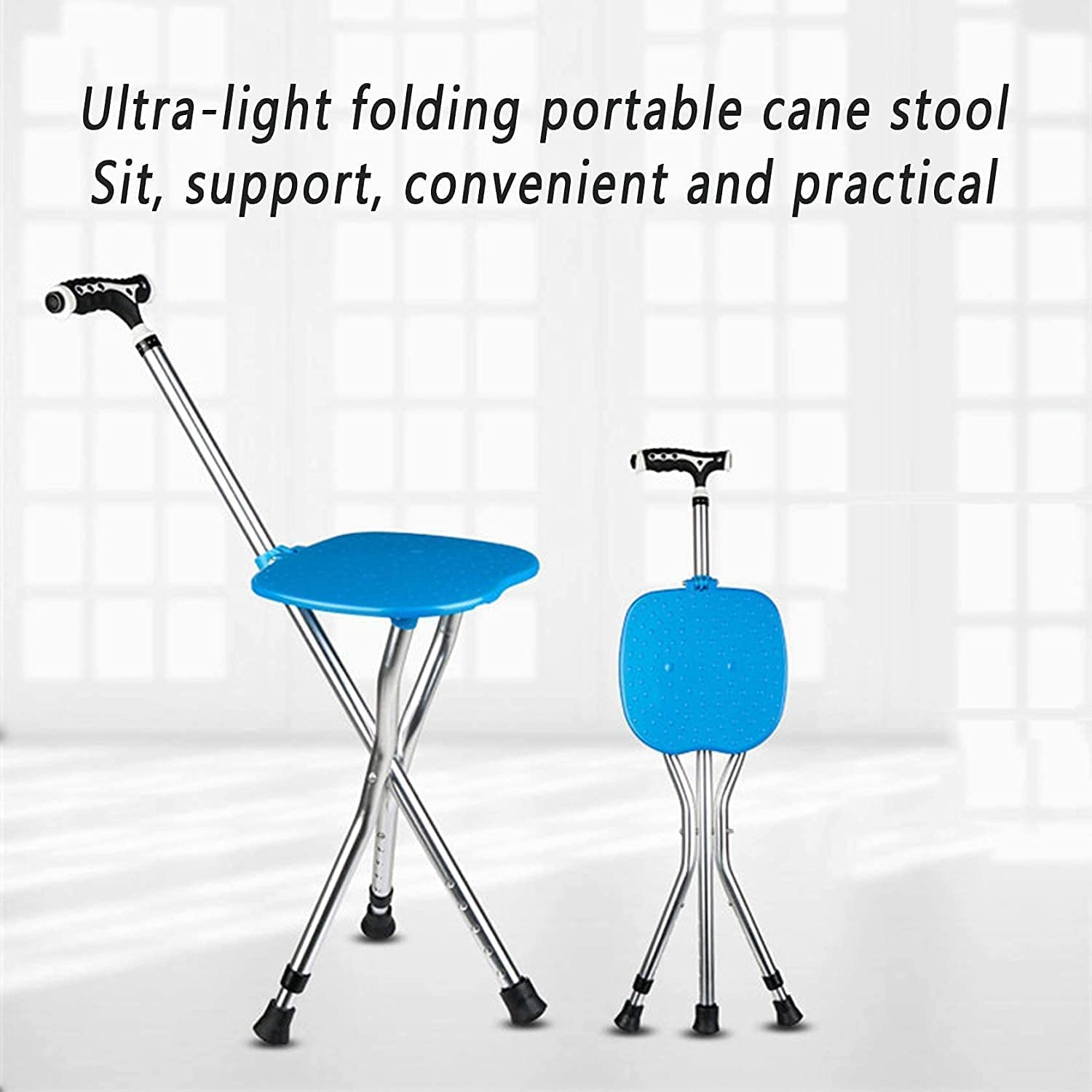 Bastone da passeggio per uomo anziano con sedile, stampelle multifunzionali, sedia pieghevole a tre gambe, con luci a LED, bastone da passeggio leggero per anziani