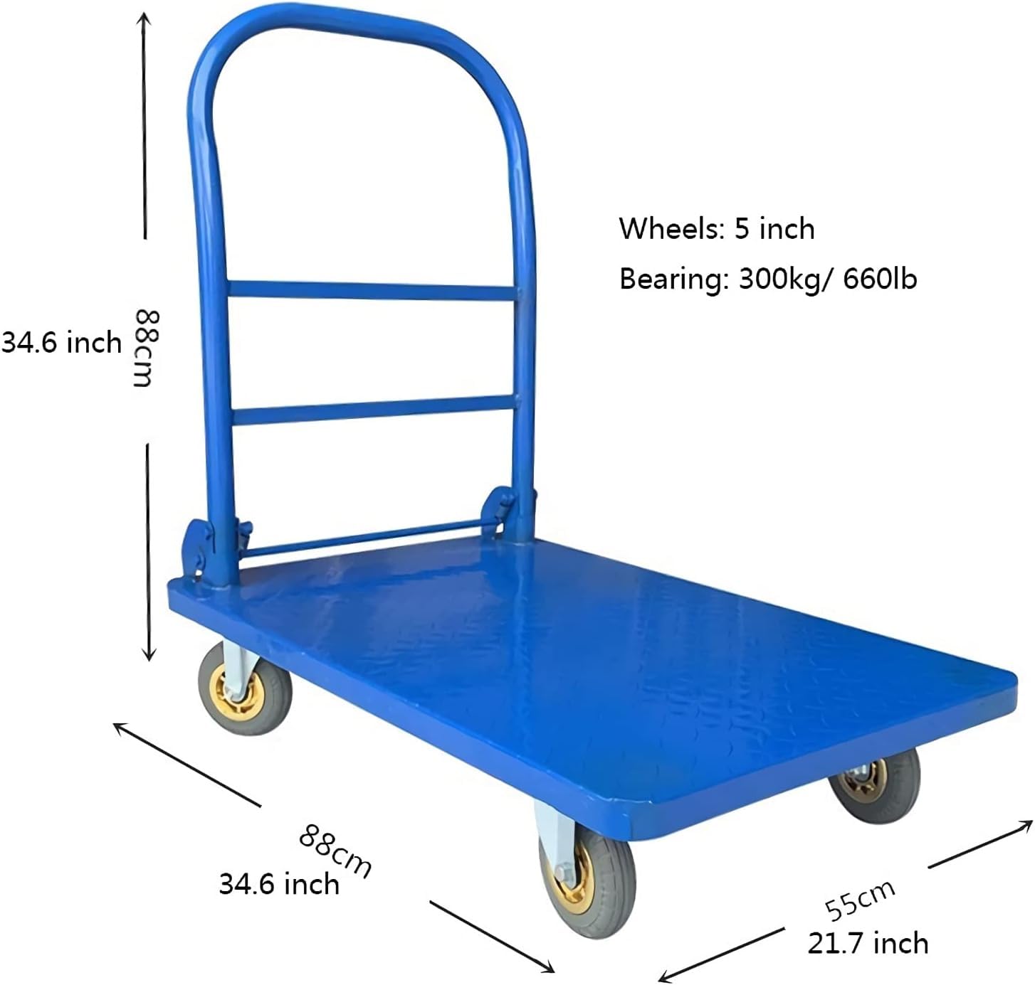 Carretilla de Plataforma, Carretilla de Empuje, Carretilla de Placa de Acero, Carretilla de Plataforma de 4 Ruedas con asa Plegable, Alta Capacidad de Carga para almacén, carretill