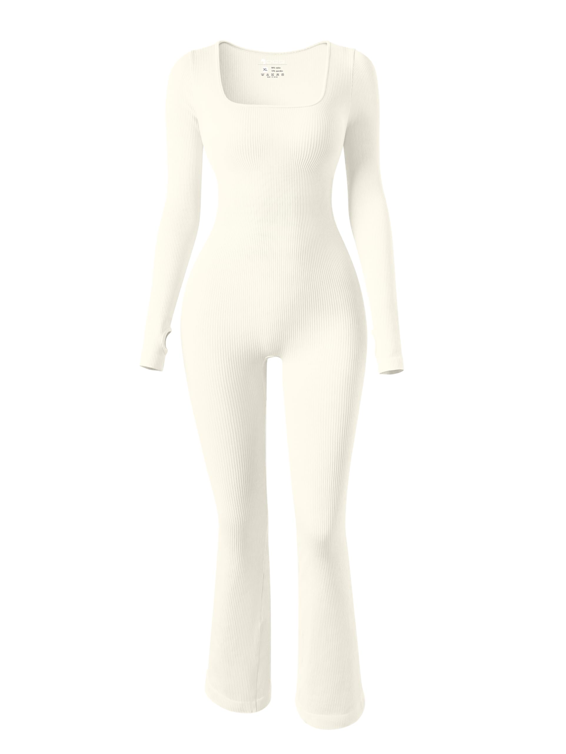 OQQ Women’s Yoga Jumpsuit — Ribbed Exercise Long Sleeve Top — Bell Bottoms Flare Jumpsuits (Beige, XL)