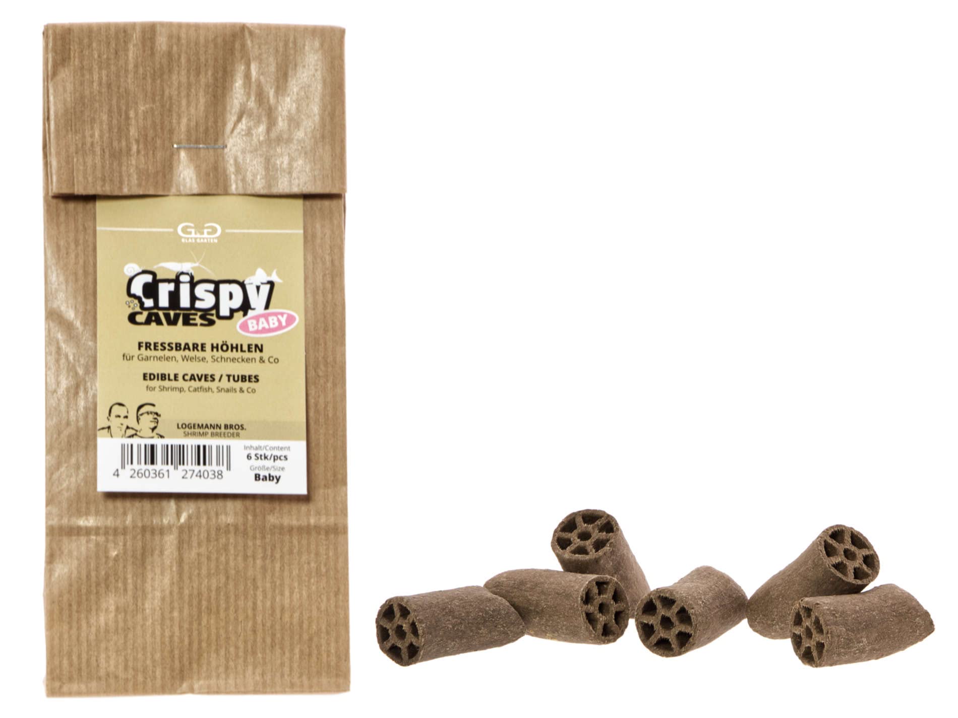 GlasGarten Crispy Caves - Tasty Edible Caves/Tubes Natural Food and Hiding Places for Aquatic Shrimps Snails Crayfish Small Fish (Size Baby - 6pcs)