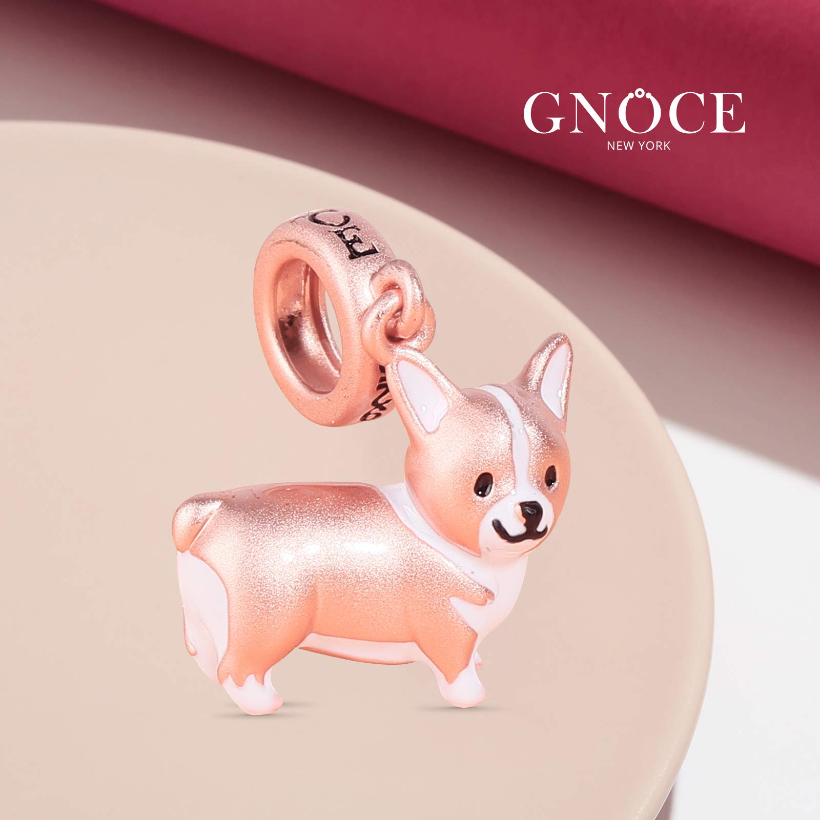 GNOCE Corgi Anhänger Charm Sterling Silber Matt 18 Karat Roségold plattiert Tier Hund Beads Charm Fit Armband/Halskette Weihnachts Geschenk für Frauen Mädchen Tochter