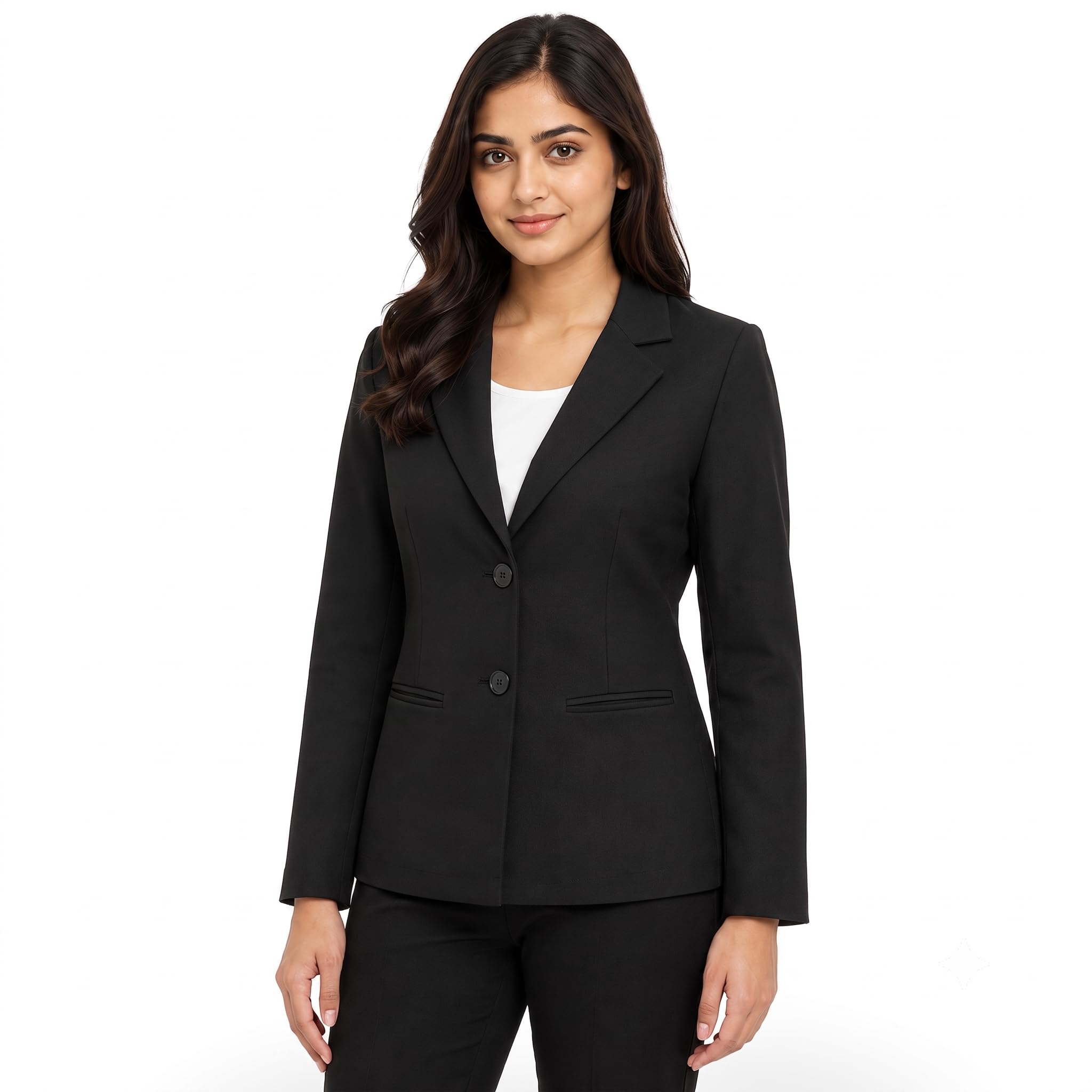 Solid Black Formal Blazer for Women | Regular Fit Cotton Blend Stretchable Jacket with Notch Lapel | Button Closure Welt Pockets | All-Season Corporate Wear for Work & Office - Medium-image-31
