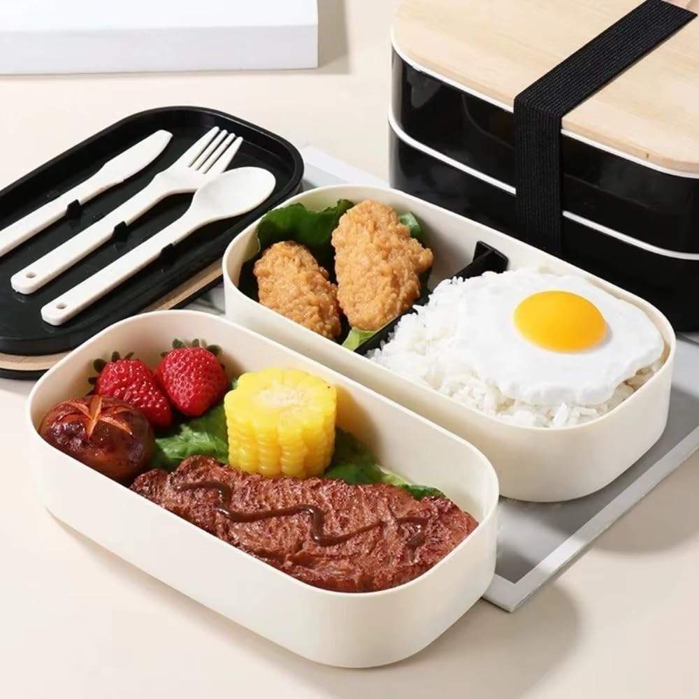 1200ML Podzielony Lunch Box Piknikowy Mikrofalowy Drewniana Pokrywa Bento Box Przenośny Dwuwarstwowy Pojemnik Na Żywność Dla Dzieci