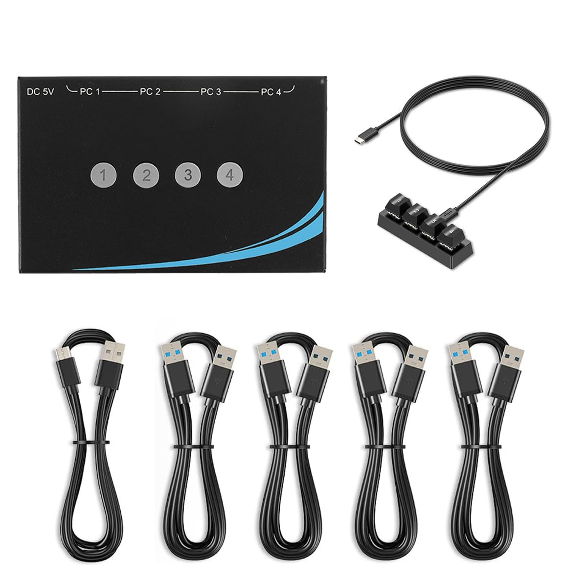 Ubric Switch USB 3.0 4 ingressi/4 uscite con cavo dati USB 3.0 AM-AM, 4 porte di condivisione per computer con supporto per tastiera, mouse, scanner e stampante