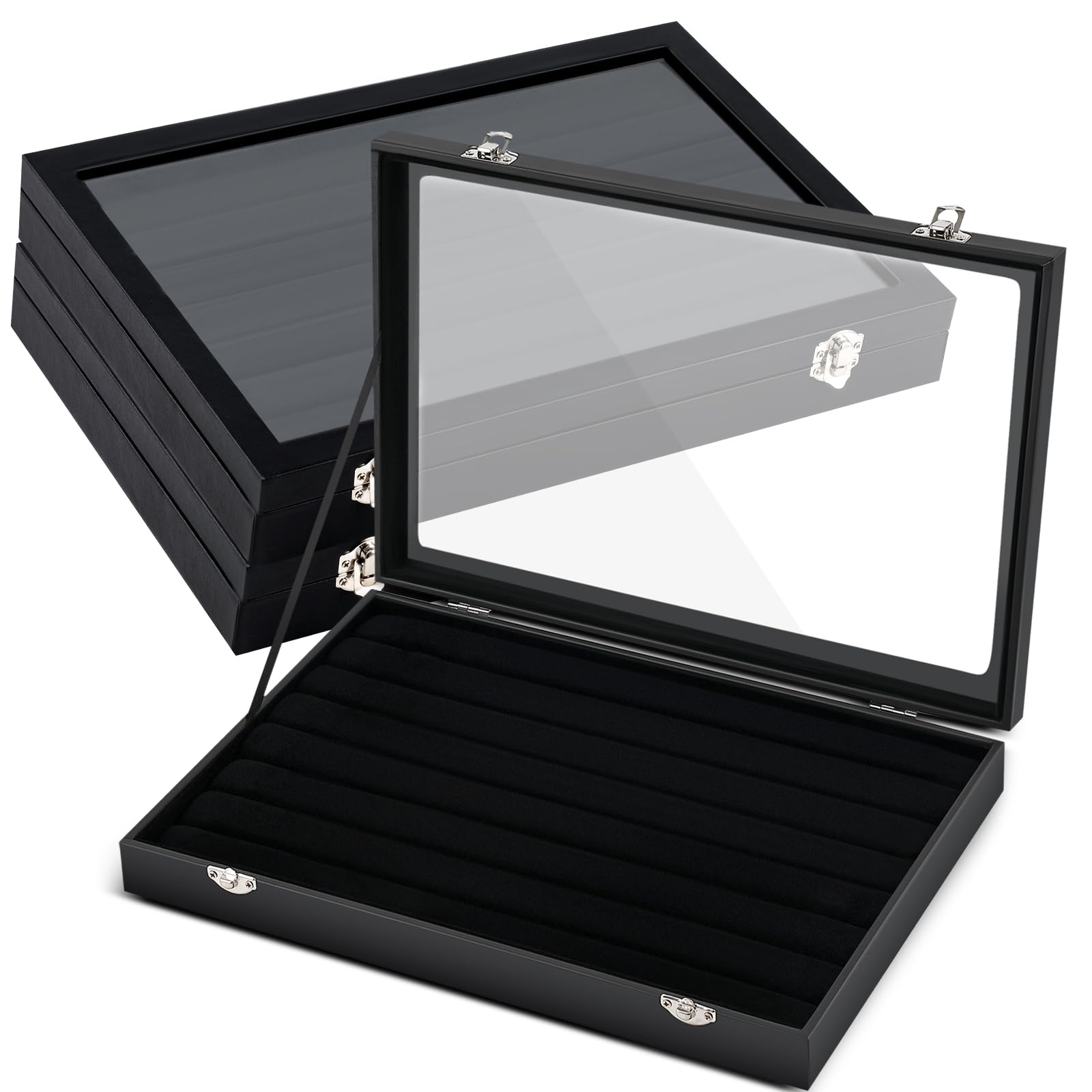 Sasylvia 3 Pcs Large 100 Slots Jewelry Box Velvet Multiple Ring Organizer Boxes for Jewelry Displays with Transparent Cover Jewelry Storage Ring Tray with Lock Organizer Display Case