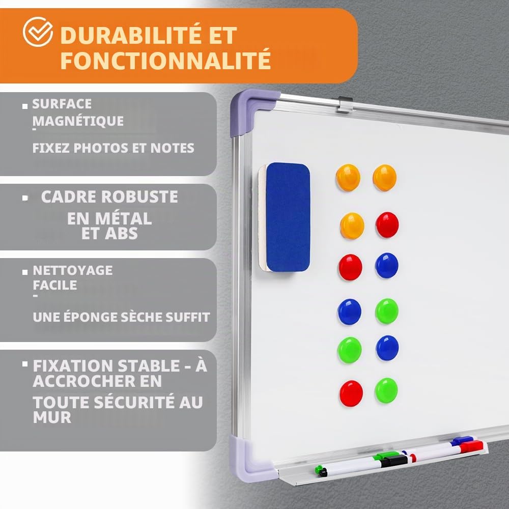 KRUMAD Tableau blanc magnétique 90 x 60 cm, avec 4 marqueurs pour tableau blanc et 12 aimants, tableau magnétique avec accessoires, tableau d'écriture effaçable avec cadre en métal, effaceur et 2