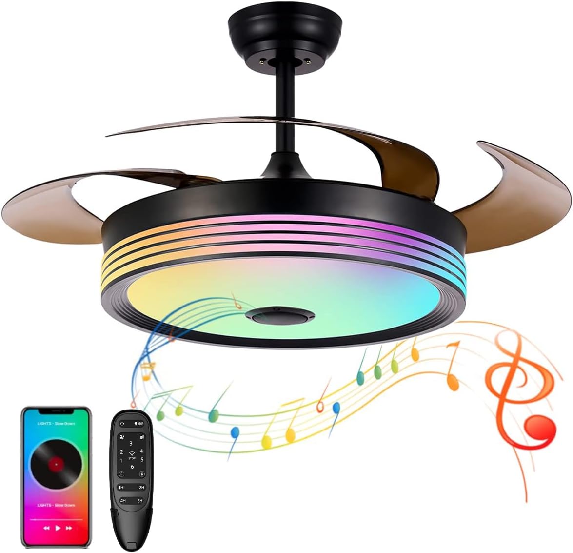 48 inch Ceiling Fan with Lights and Remote Control, 6Speed Dimmable Fandelier, Smart Modern Retractable Ceiling Fan Light with Bluetooth Speaker, RGB Color Reversible Bedroom Living Room Black