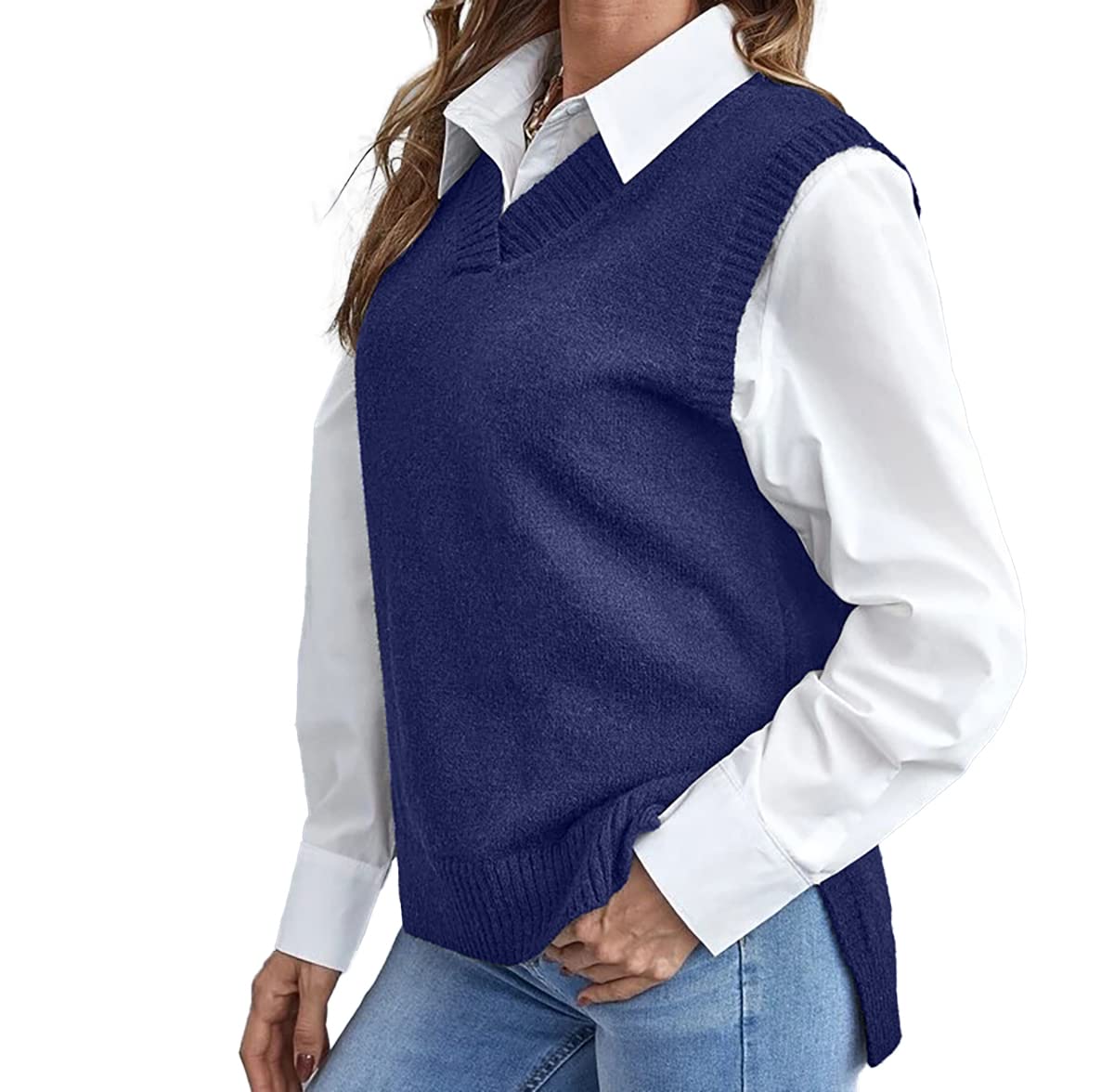 MODFUL Pull en tricot sans manches avec col en V pour femme