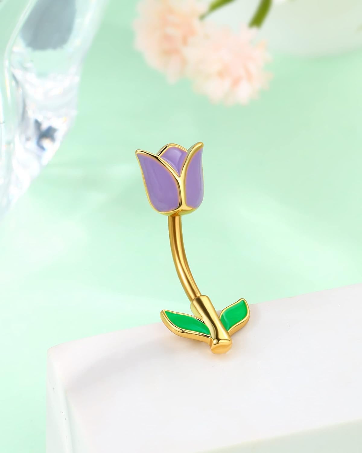 Jewseen Tulip Belly Button Ring 14G Belly Rings Flower Navel Rings for Women Surgical Steel Navel Piercing Belly Barbell Curved Barbell Belly Piercing Jewelry Body Piercing Jewelry - Image 4