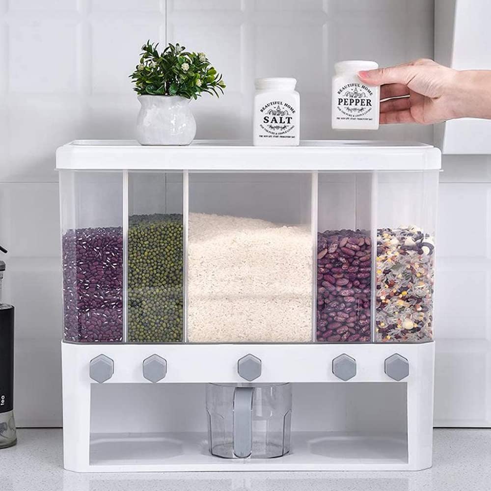 NOVSKI Dispensadores de Cereales de 5 Rejillas Contenedor de Almacenamiento de Alimentos Tanque de Almacenamiento de Cocina para Cereales, arroz, nueces, Granos de café