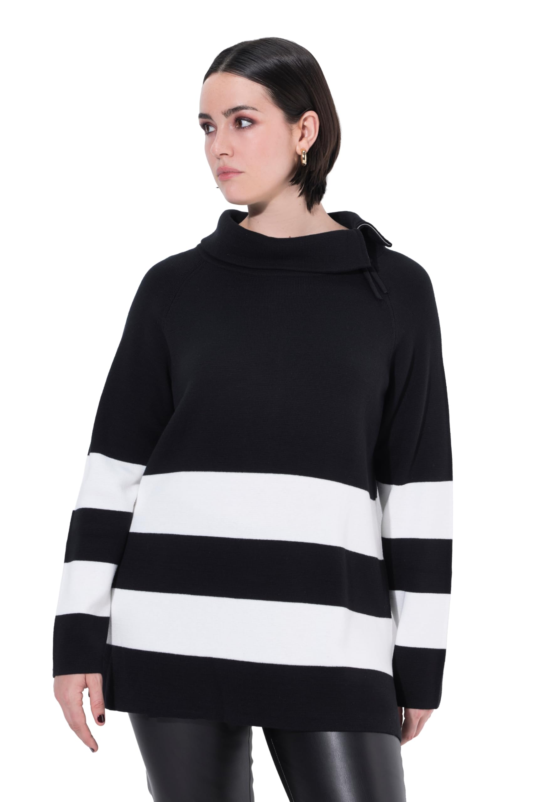 Ulla Popken Damen große Größen Übergrößen Plus Size Pullover, Blockstreifen, Rollkragen, Zipper 835441