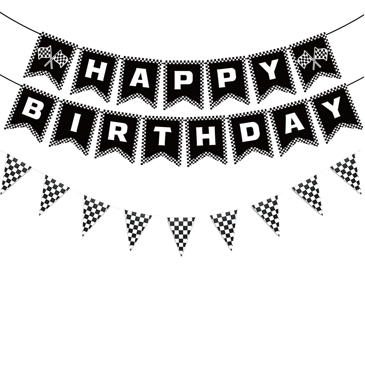 MEETINGU Black and White Checkered Flags and Race Car Happy Birthday Banner, Racing Checkered Flag Banner Race Car Birthday Party Decorations for Kids