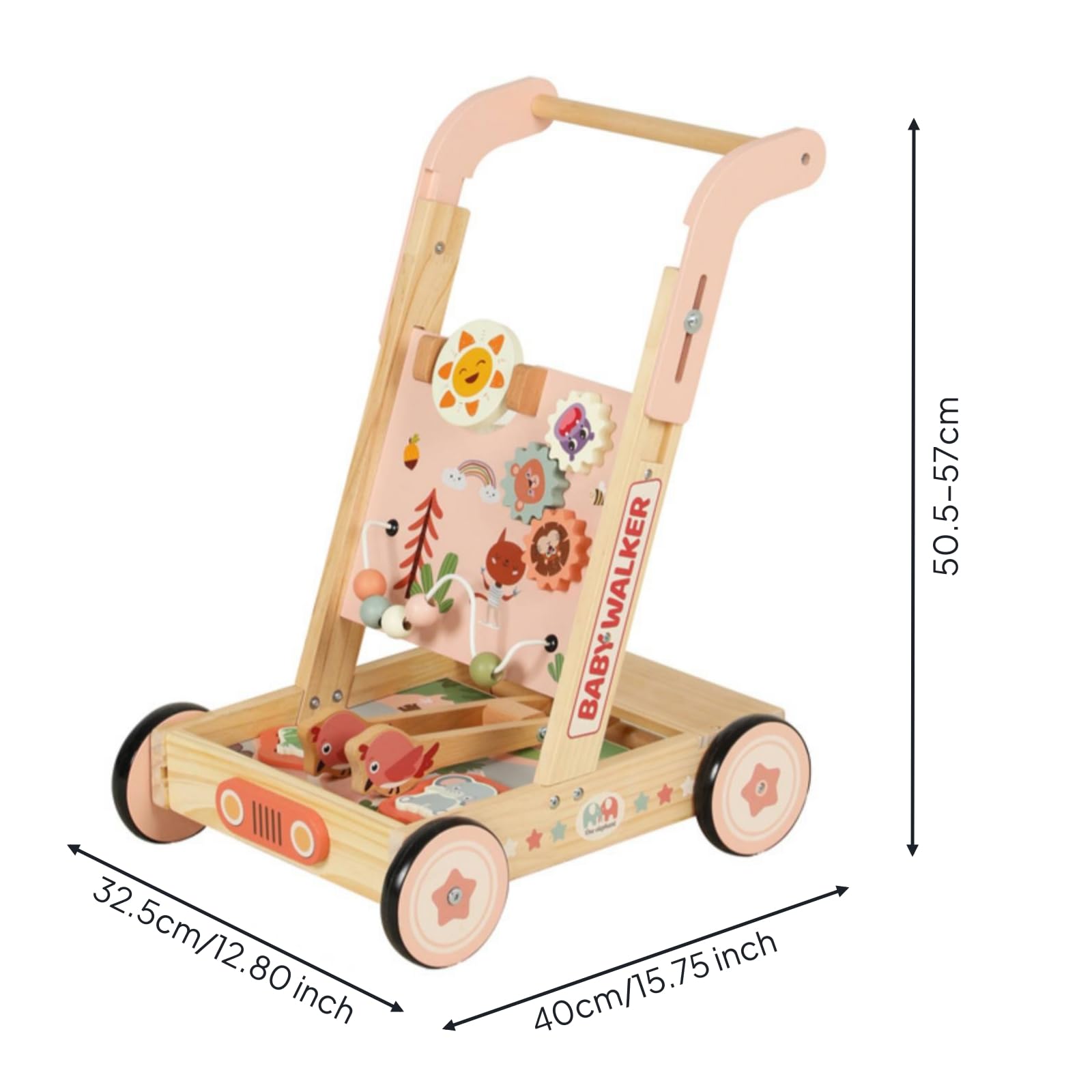 Amagogo Kinder Lernlaufwagen Holz Lauflernwagen Spielcenter Schiebewagen Aktivitätsboard mit Tiermotiven Zahnrädern Perlenbahn Robuster Rahmen Vier Räder