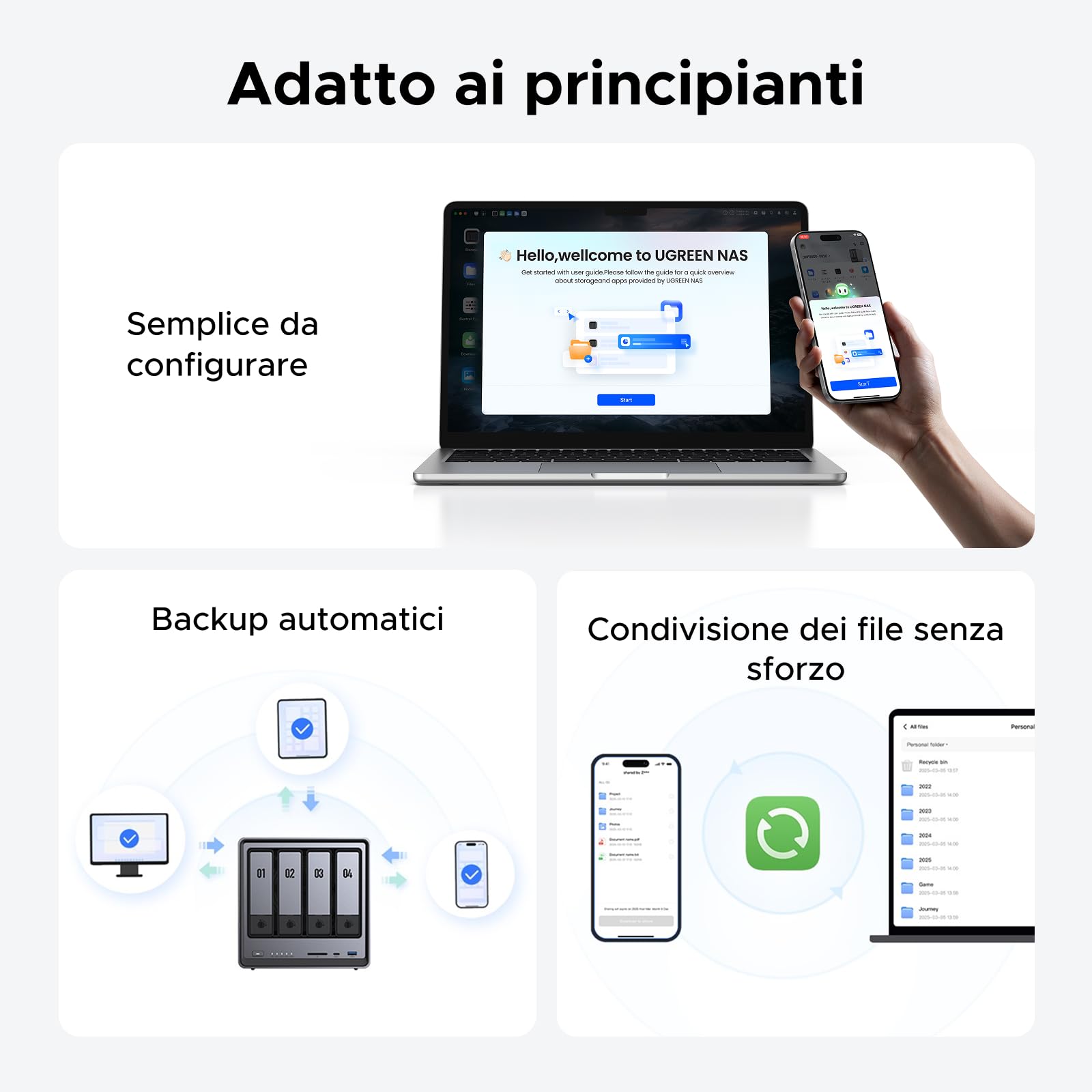 UGREEN NASync DXP4800, NAS desktop a 4 bay, CPU Intel N100 Quad-core, 8 GB di RAM DDR5, 32 GB eMMC, 2 * 2,5 GbE, 2 * slot M.2 NVMe, 4K HDMI, archiviazione collegata in rete (senza disco)