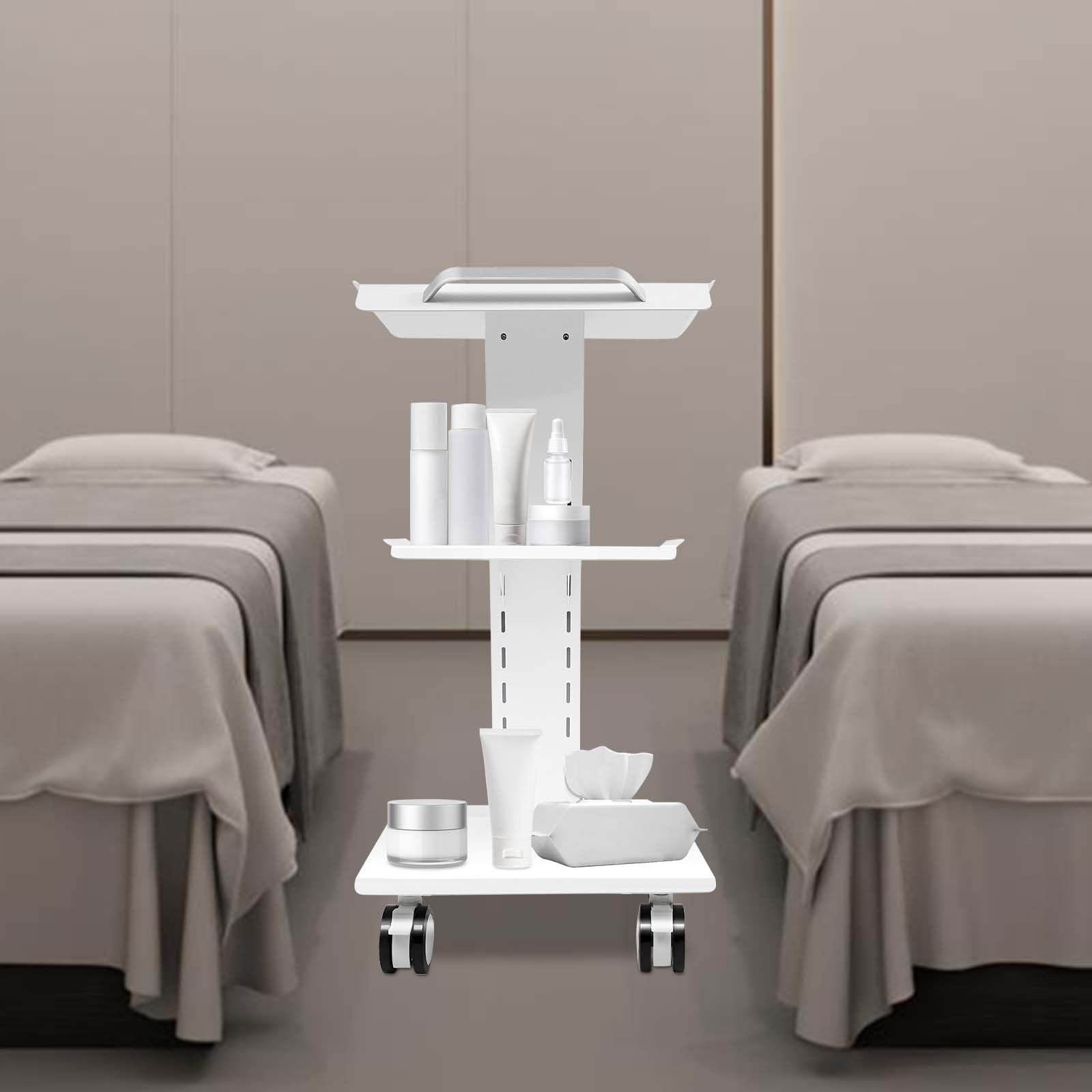 Carrello multifunzione da laboratorio, livello 3, con presa di corrente, carrello per attrezzi, clinica, pratica, studio cosmetico, altezza regolabile, in acciaio, con prese freni, con 3 connettori a