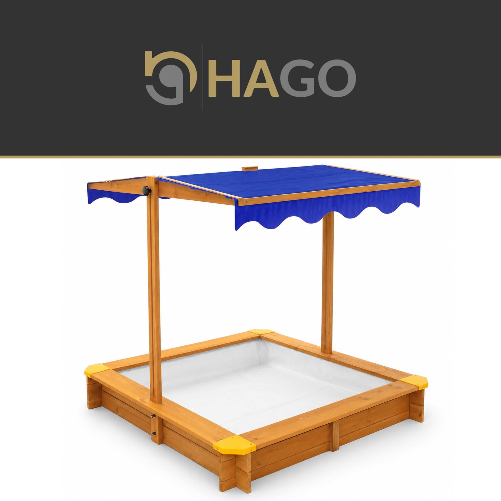 HAGO24 Sandkasten Sandbox Sandkiste Massivholz Dach UV-Schutz Bodenvlies Kinder Garten Spielzeug Sicherheit Outdoor Spielspaß Abdeckung Neigbar Höhenverstellbar