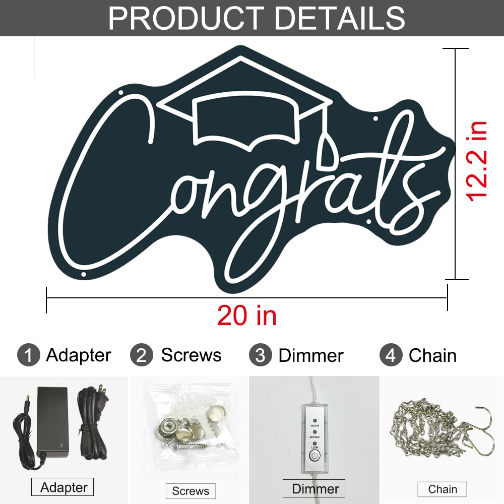 Congrats Neon Sign, Congrats Grad Neon Light for Grad Party Decor, Wedding, Birthday, Graduation Gifts, Celebration Banquet Backdrop, Graduation Decoration, Large Congrats Grad Neon Light Sign Dimmable (Congrats with Hat (Cool White))