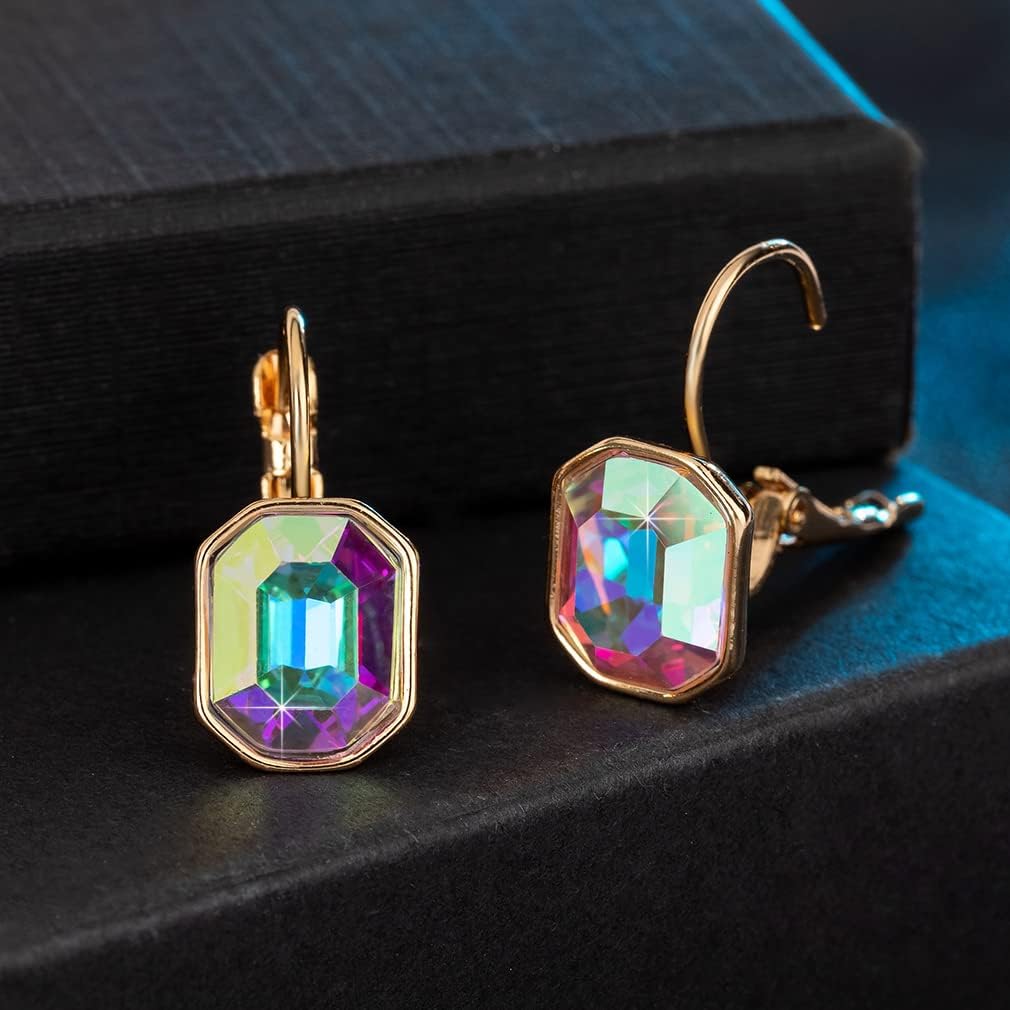 Austrian Crystal Octagon Leverback Drop Earrings for Women 14K Rose Gold Plated Hypoallergenic Jewelry - Image 3