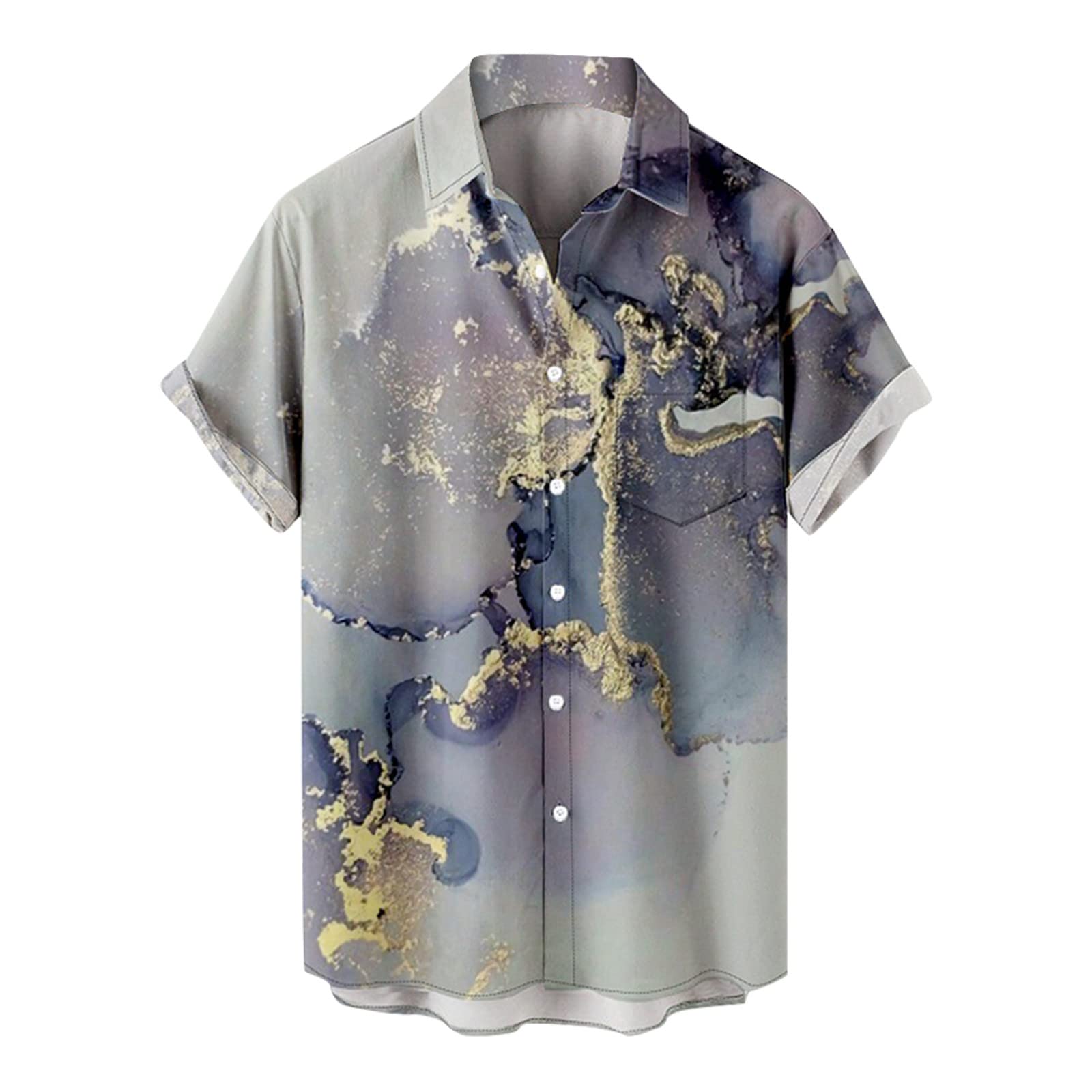 Men's Button Down Short Sleeve Blouses Slim Fit Tunic Lapel Pollover Stretchy Gradient Beach Holiday Wear T Shirt