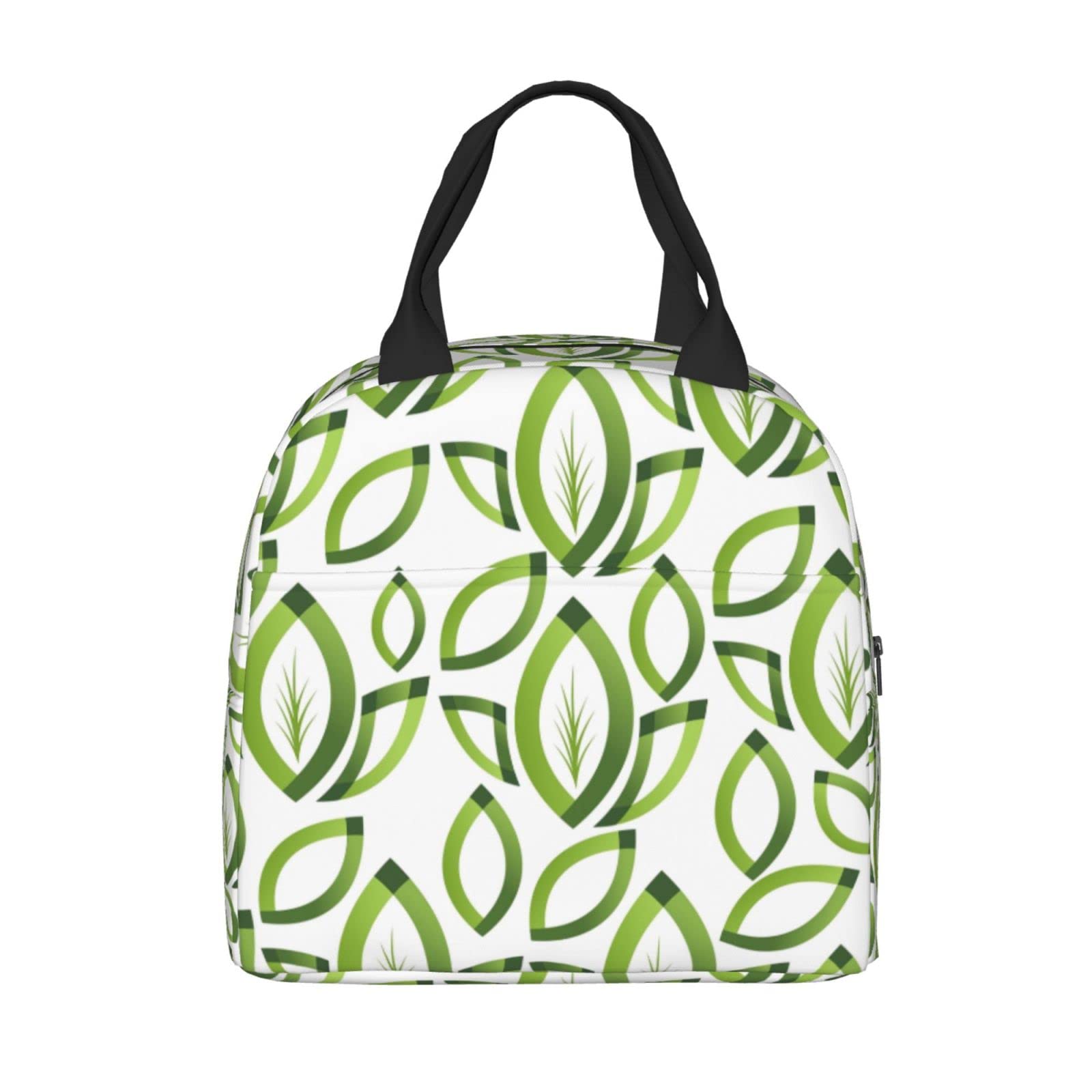 Toiyugd Decorative Green Leaves Lunch Bag for Women Men Insulated Lunch Box for Adult Reusable Lunch Bags with Pocket Zippers for Work, Picnic, School Or Travel