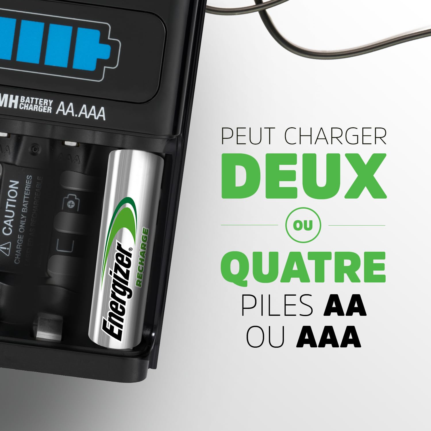 Energizer Recharge - Piles Rechargeables avec Chargeur Express - Charge complète en 1 Heure ou Moins - Compatible NiMH AA et AAA - 4 Pile AA 2300 mAh incluses
