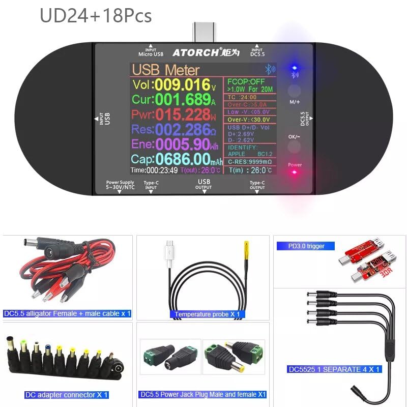 UD24 2.4" inch USB Tester DC5.5 Type-C Digital Voltmeter Ammeter Power Bank Voltage Detector Volt QC PD Electric Meter for APP(UD24+18pcs)