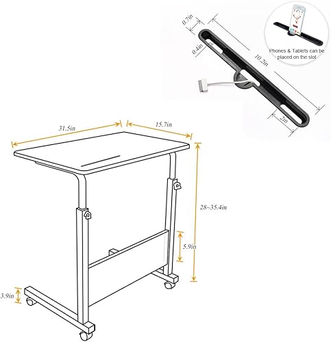 Miniatura 3 de soges Carrito de escritorio con ruedas para computadora portátil, altura ajustable, mesa auxiliar de sofá móvil de 31.5 pulgadas con ranura para