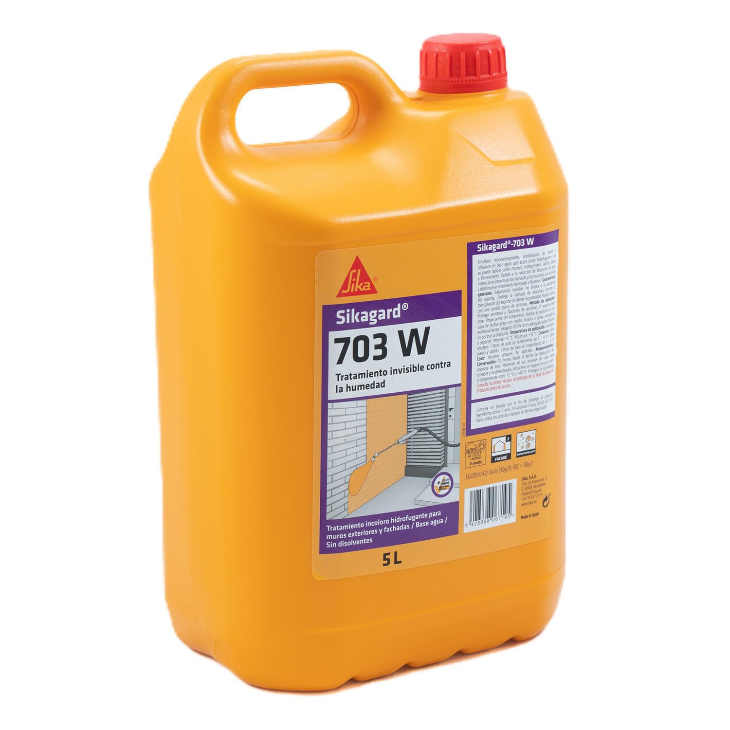 SIKA - Impregnación repelente al agua - Sikagard 703W - Transparente - Lista para su uso - Para proteger las fachadas frente a la penetración del agua - 5L