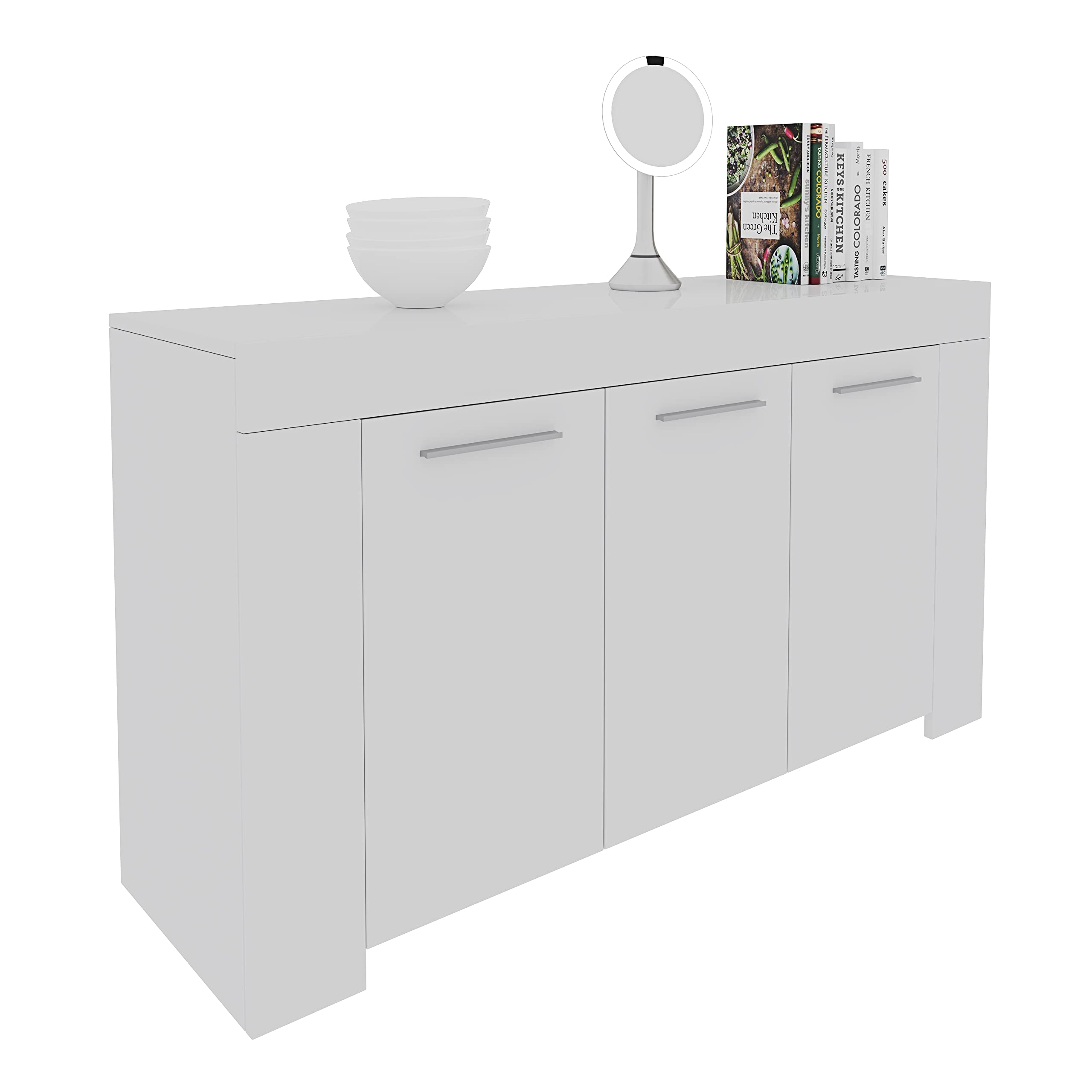 EGLEMTEK Nairobi Kredence 3 Drzwi, Kuchnia Salon Kuchnia, Wiara z Przedziałami Wielu Przestrzeń i 5 półek, Szafka Drewno, 144 x 80 x 42 cm, Kolor Biały