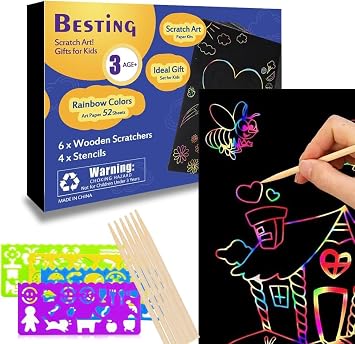 Scratch Paper Art Crafts 7.5 x 5.5 52 Pieces Rainbow Color Scratch Off Paper Book Ideal for Birthday Christmas Party Gift Help Focus Practice Hands SP139