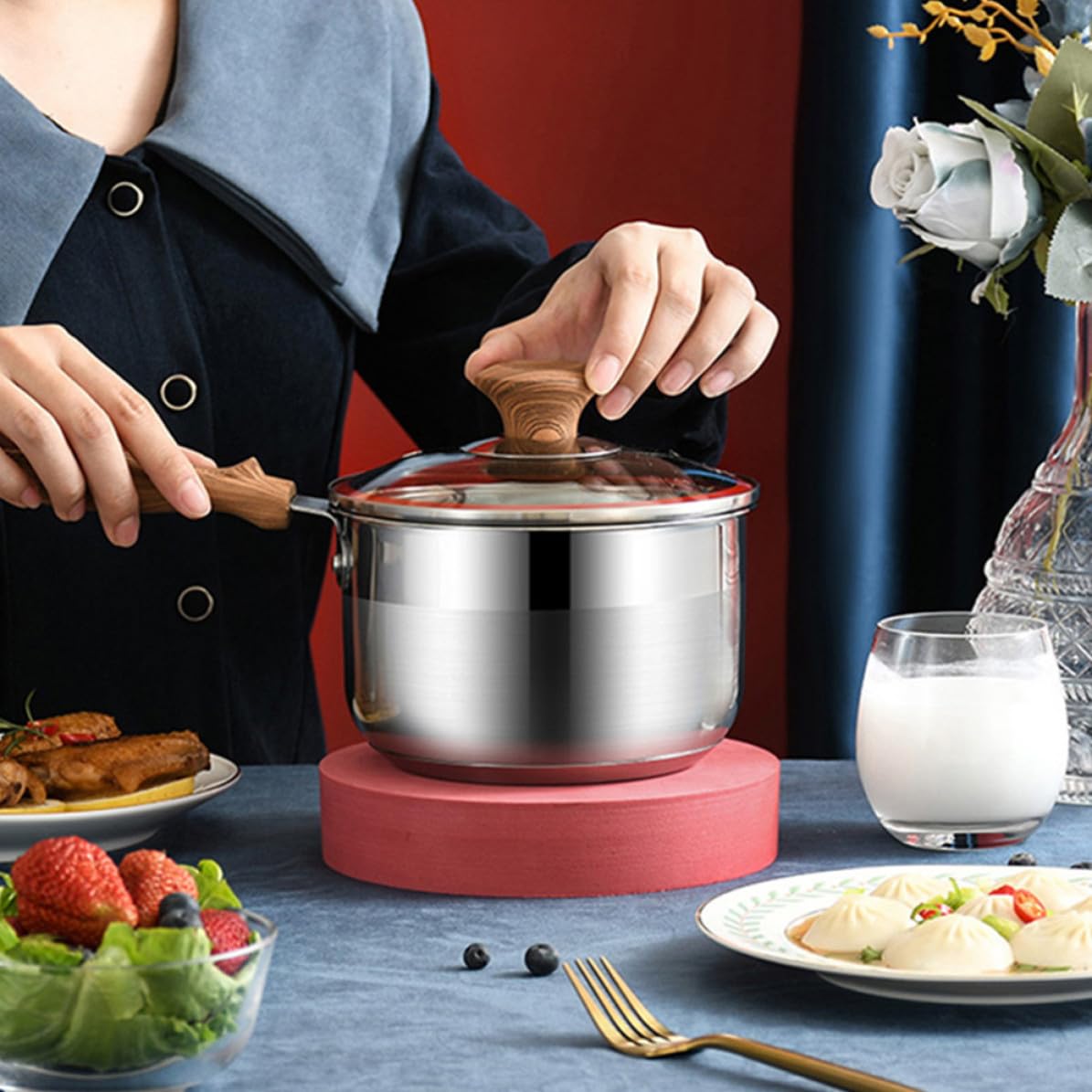 Olla de Leche de Acero Inoxidable para Cocinar Alimentos Infantiles con Mango de Madera Cómodo Rebabas, Adecuado para Preparar Sopas y Guisos en Casa