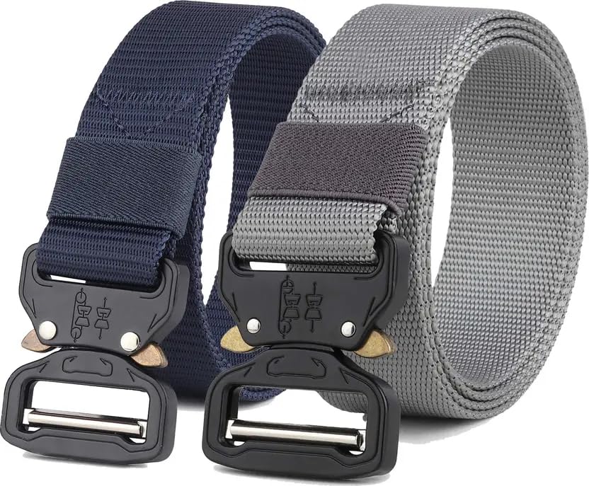 Tactical Belt for Men, Heavy Duty Military Style Nylon Web Belt with Quick Release Metal Buckle, Navy Blue and Gray, 2-Pack-image-35