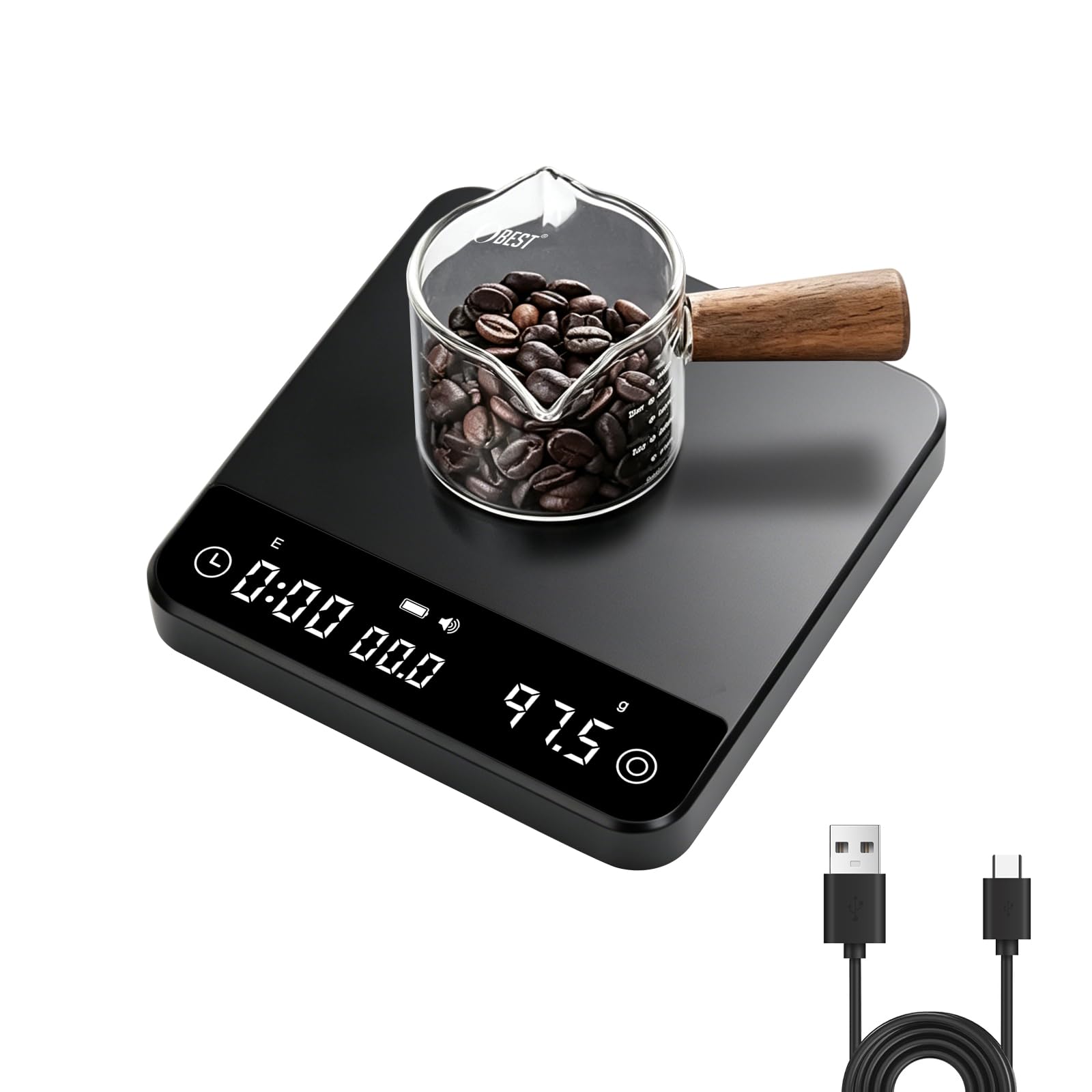OBEST Balance Numérique à Café avec Minuterie,Précision 0.1g/2kg,4 Modes d'Infusion,Rapport d'Infusion Personnalisable,Tarage Automatique,Balance de Café Numérique pour Verser, Expresso, Presse