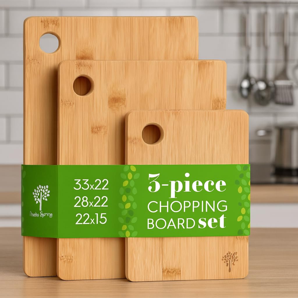 Nicola Spring 3 Piece Bamboo Chopping Board Set - 33x22cm | 28x22cm | 22x15cm - Extra Thick Natural Wooden Chopping Boards - Premium Kitchen Butcher Carving Wood Block Cutting Mat Tray Worktop Saver