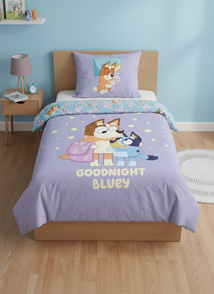 Bluey - Parure da letto per bambini, 140 x 200 cm, copripiumino 100% cotone con federa 65 x 65 cm, design reversibile Goodnight Bluey e Bingo, colore: lavanda