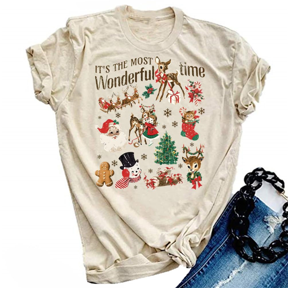 SwhledyeIt's The Most Wonderful Time Christmas Shirts Women Santa Snowman Reindeer T-Shirts Xmas Graphic Tee Holiday Tops