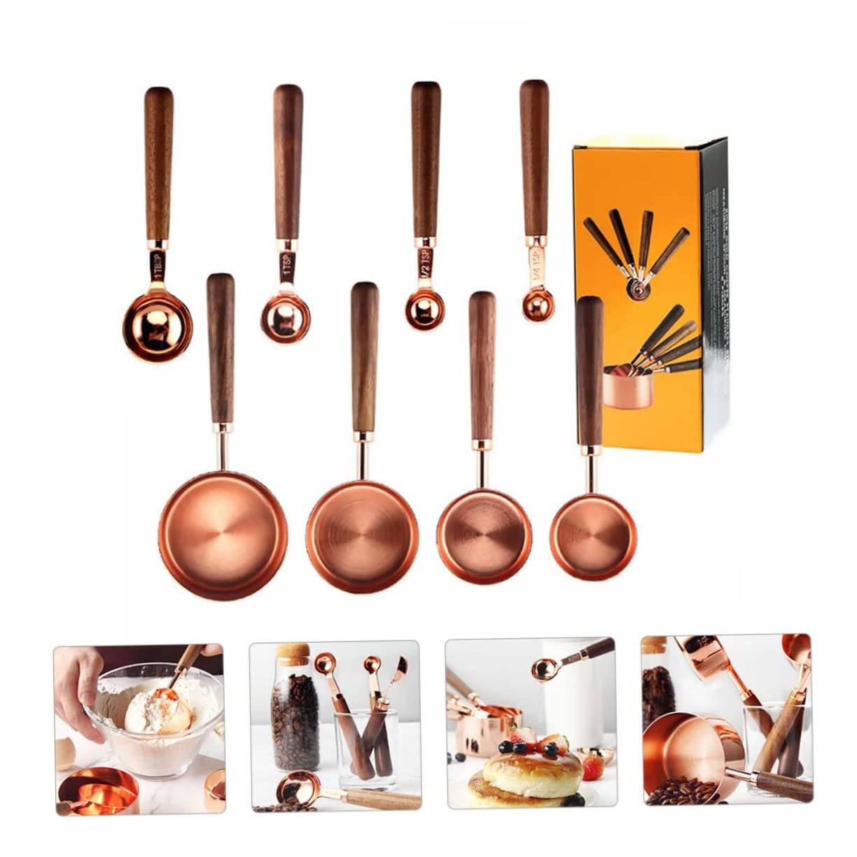 Juego de 8 Tazas y Cucharas Medidoras de Acero Inox y Nogal