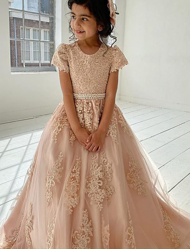 Flower Girl Dress with Sleeves Appliques Bow-Knot Pageant Dresses for Girls Ball Gown Party Dress4