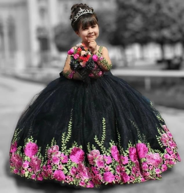 GZCYL Mexican Charro Dresses Black Flower Girl Dress Embroidery Gala Dress for Little Girls3